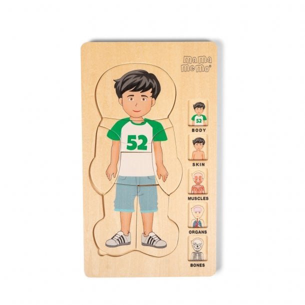 Houten lagenpuzzel jongenslichaam met 5 lagen voorbeeld jongetje met groen shirt