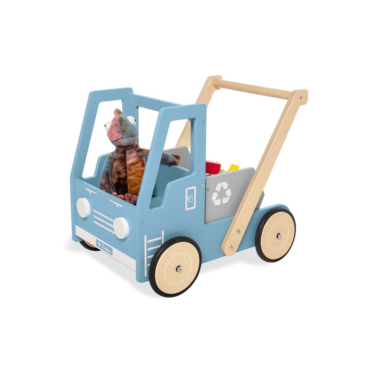 Blauwe, houten loopwagen voor peuters met een knuffel