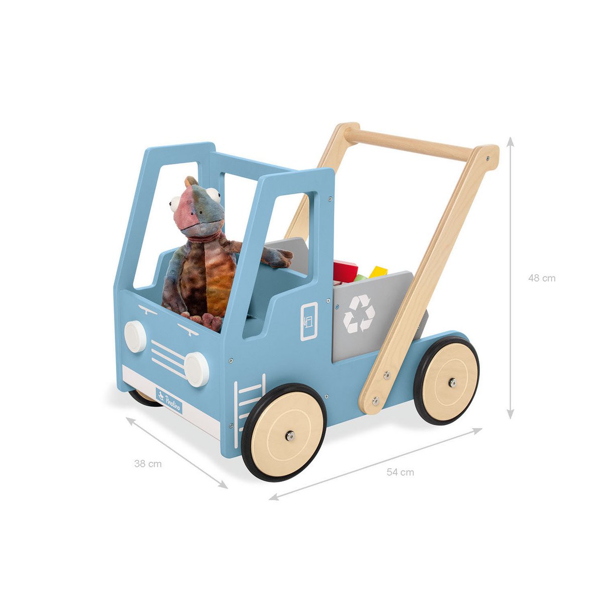 Blauwe loopwagen van hout wat lijkt op een truck met een kiepbak voor peuters