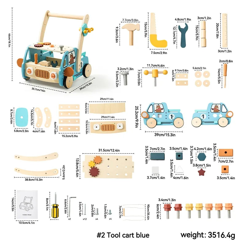 Montessori Gereedschapswagen 3-in-1 – Houten loopwagen & werkbank