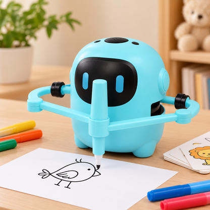Automatische Tekenrobot voor Kinderen in het Blauw die met een Pen een Tekening op Papier Maakt