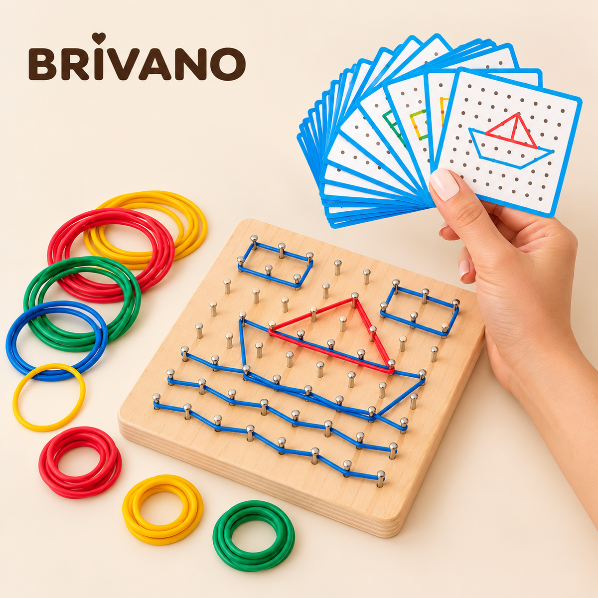 Montessori geobord met kleurrijke elastiekjes en voorbeeldkaarten om vormen en patronen na te maken.