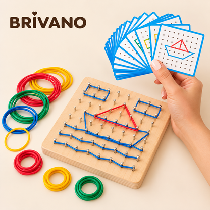 Montessori geobord met kleurrijke elastiekjes en voorbeeldkaarten om vormen en patronen na te maken.