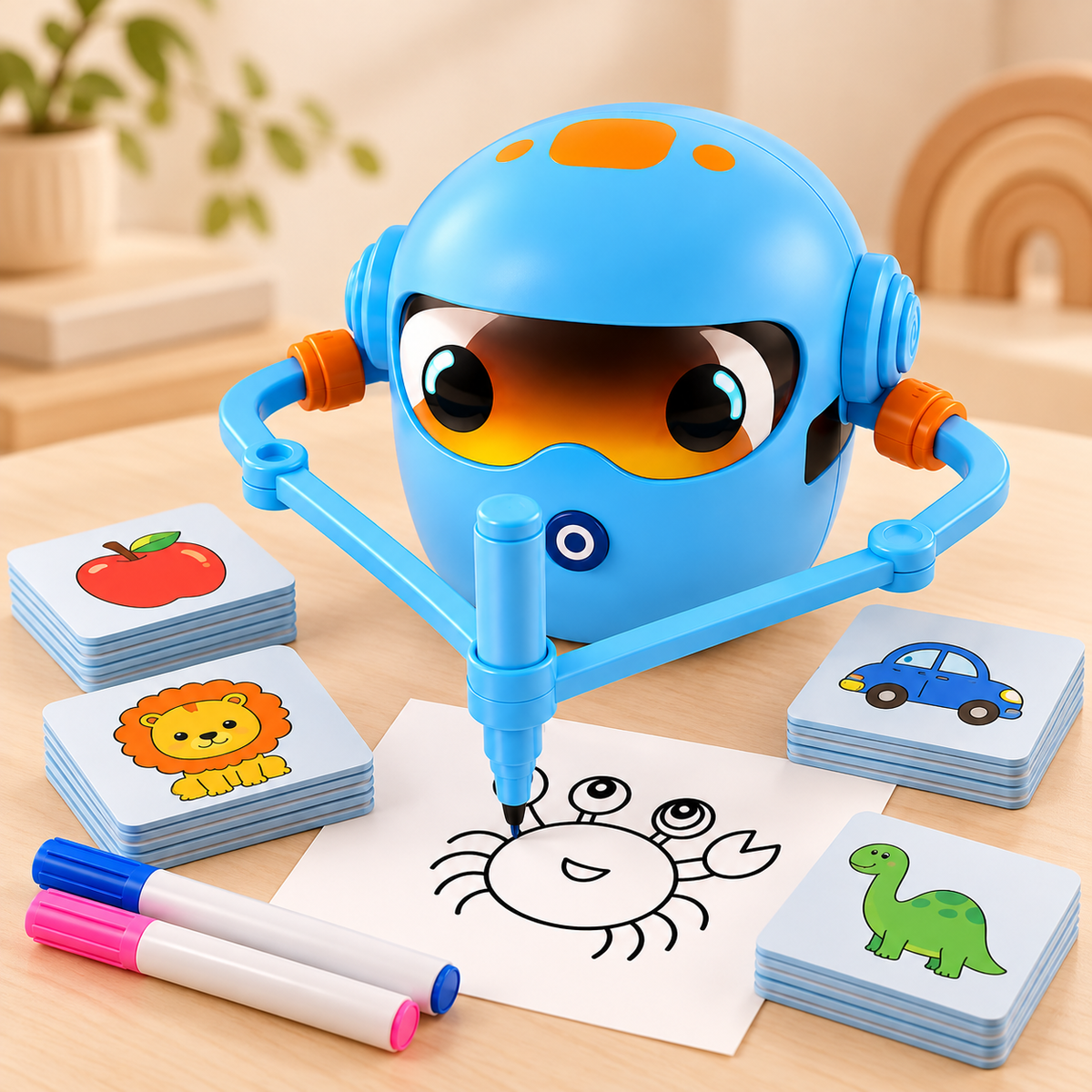 Blauwe speelgoedstofzuiger voor kinderen met schattig gezichtje, schoonmaakaccessoires en kleurrijke onderdelen voor fantasierijk rollenspel.