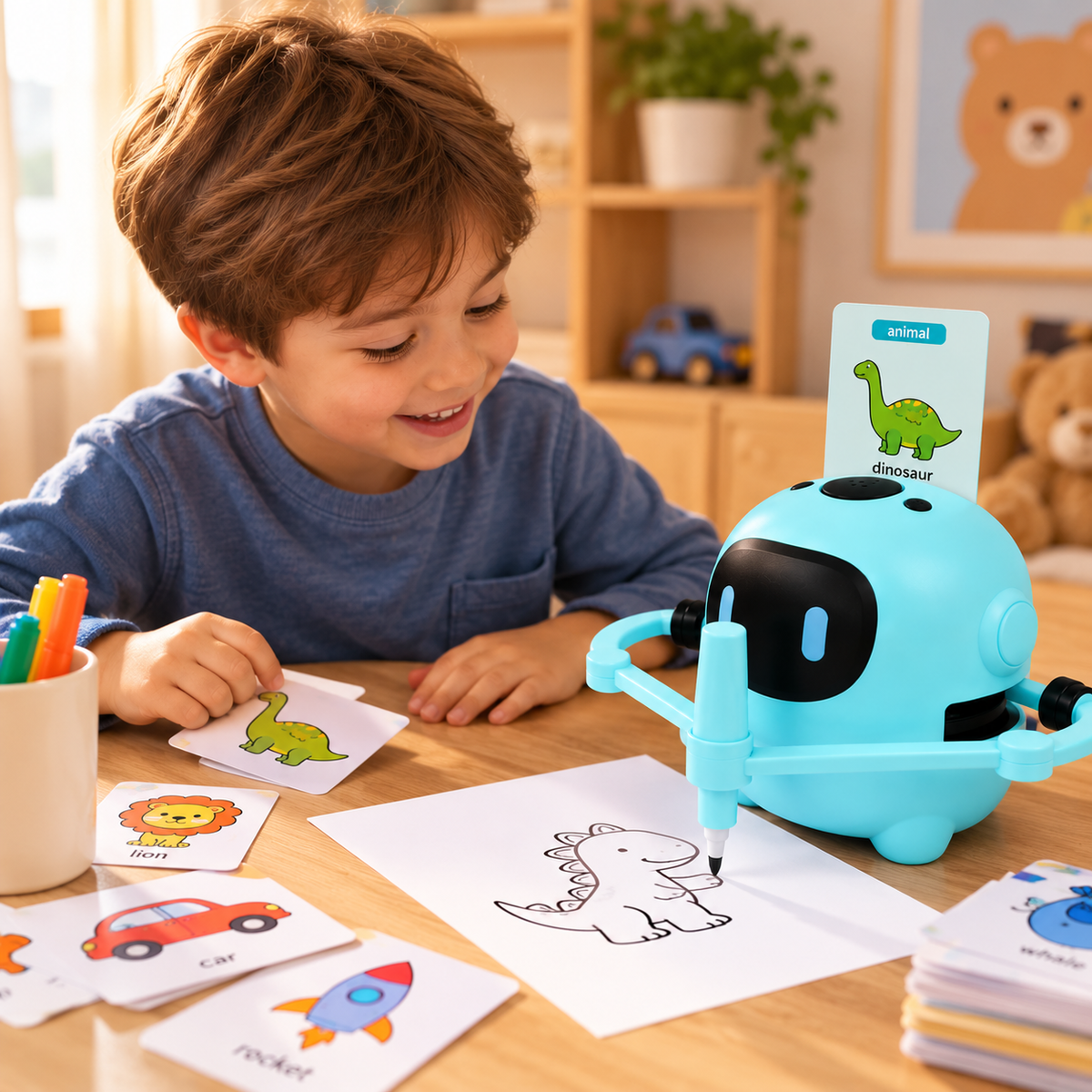 Jongen Gebruikt een Blauwe Automatische Tekenrobot om een Dinosaurus te Tekenen in een Gezellige Kinderkamer