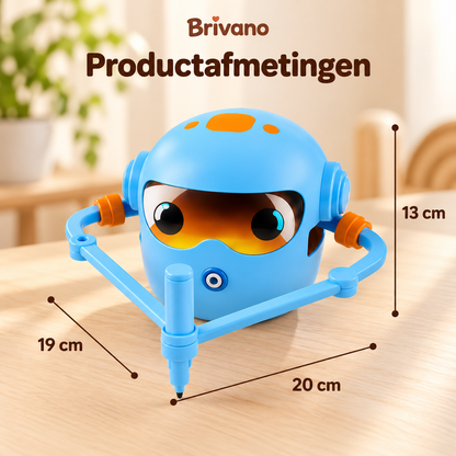 Afmetingen van de blauwe interactieve tekenrobot voor kinderen: circa 20 cm breed, 19 cm diep en 13 cm hoog