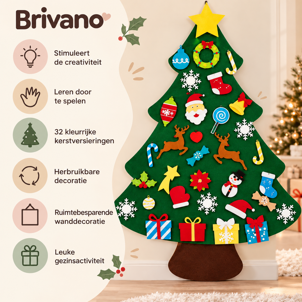 Montessori vilten kerstboom van Brivano met 32 kleurrijke kerstversieringen, ideaal voor creatief spelen en herbruikbare kerstdecoratie