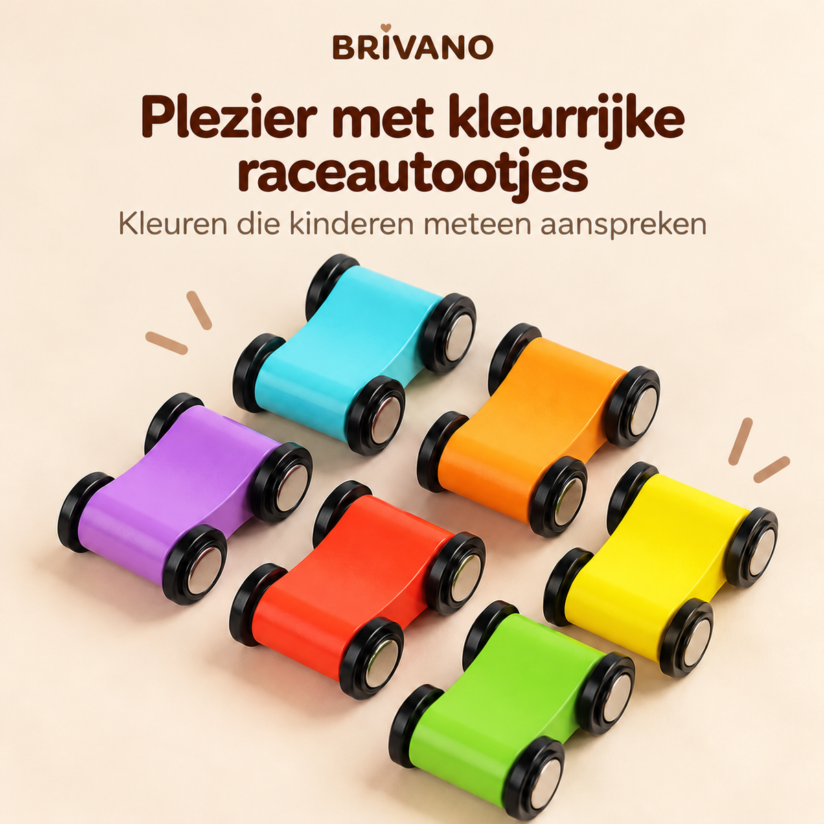 Zes kleurrijke speelgoedautootjes in blauw, oranje, paars, rood, geel en groen
