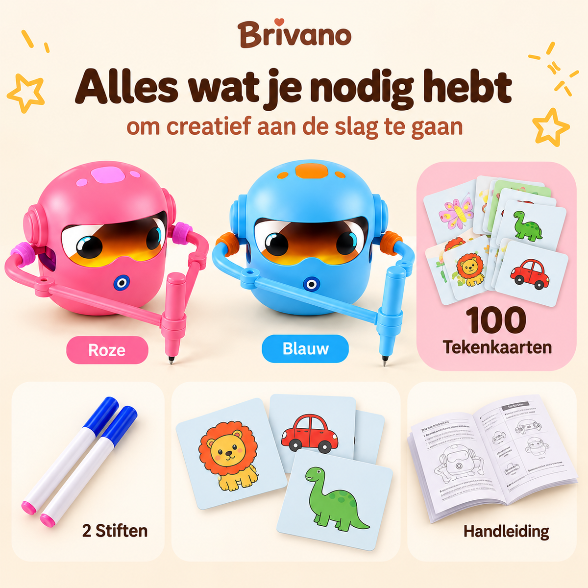 Roze en blauwe tekenrobot met 100 tekenkaarten, twee stiften en handleiding
