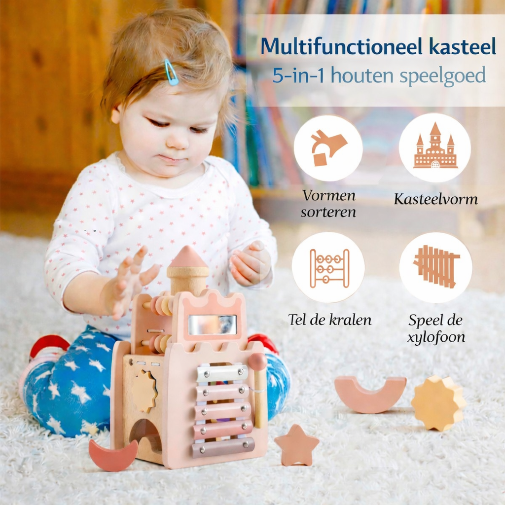 Houten Montessori Kasteel – Vormenstoof & stapelblokken