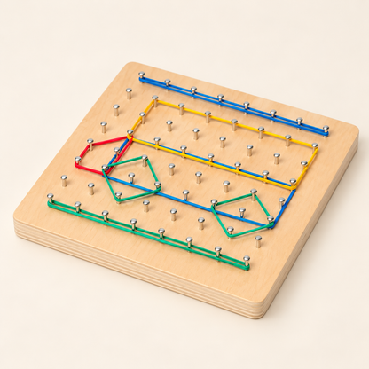 Houten geobord met metalen pinnetjes en elastiekjes om geometrische vormen en creatieve patronen te maken.