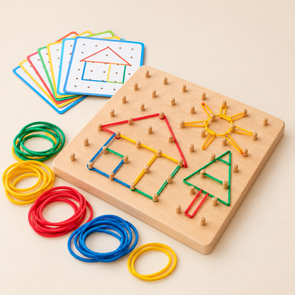 Montessori houten geobord met kleurrijke elastiekjes, patroonkaarten en geometrische vormen voor educatief speelplezier.