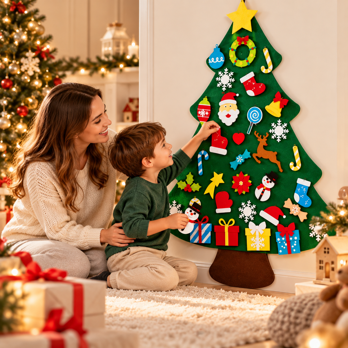 Moeder en jongen versieren samen een groene vilten kerstboom met kleurrijke, verplaatsbare kerstversieringen in de woonkamer