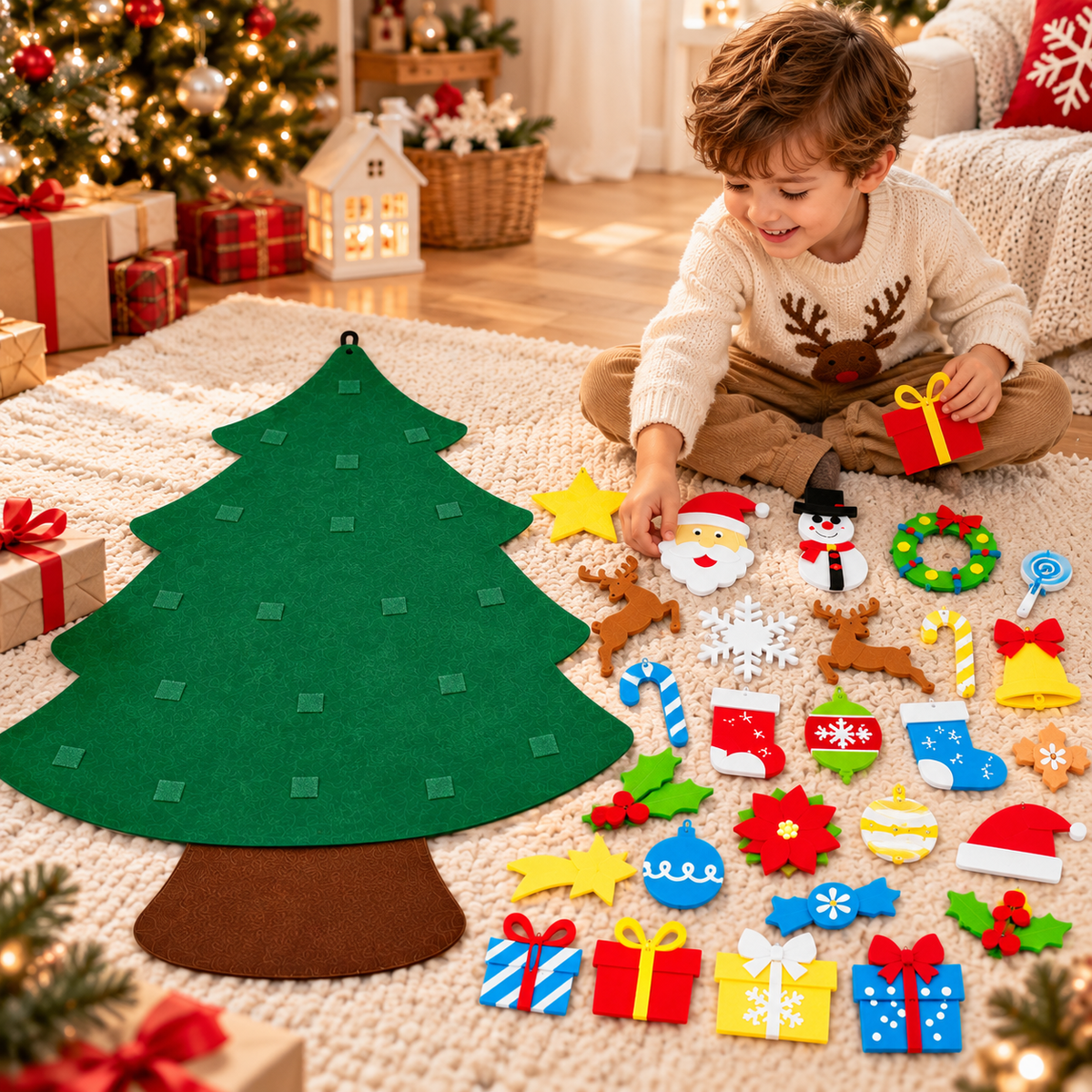 Jongen speelt met een groene vilten kerstboom en rangschikt kleurrijke vilten kerstversieringen op een zacht vloerkleed
