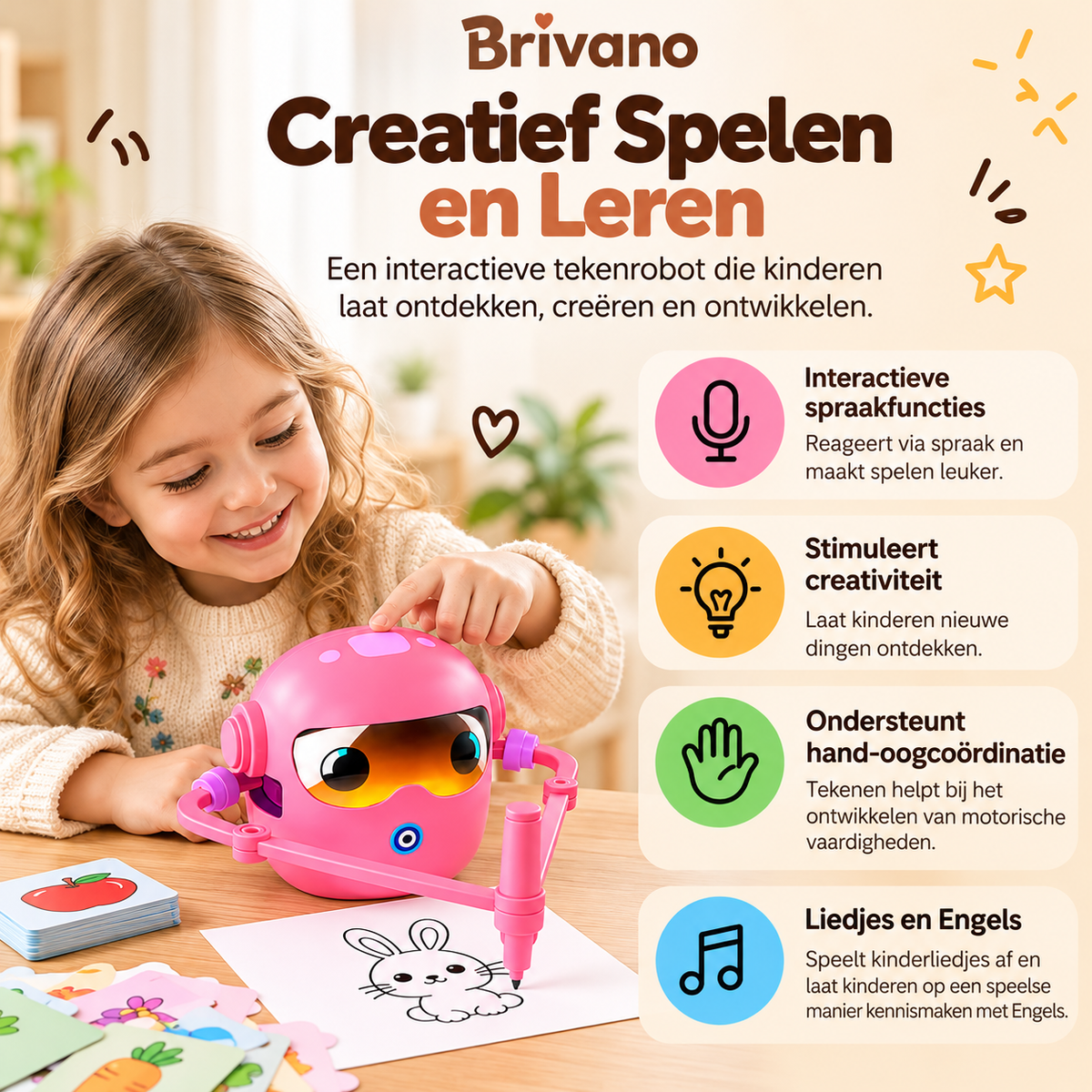 Interactieve tekenrobot voor kinderen met spraakfuncties die creativiteit, hand-oogcoördinatie en spelenderwijs leren stimuleert