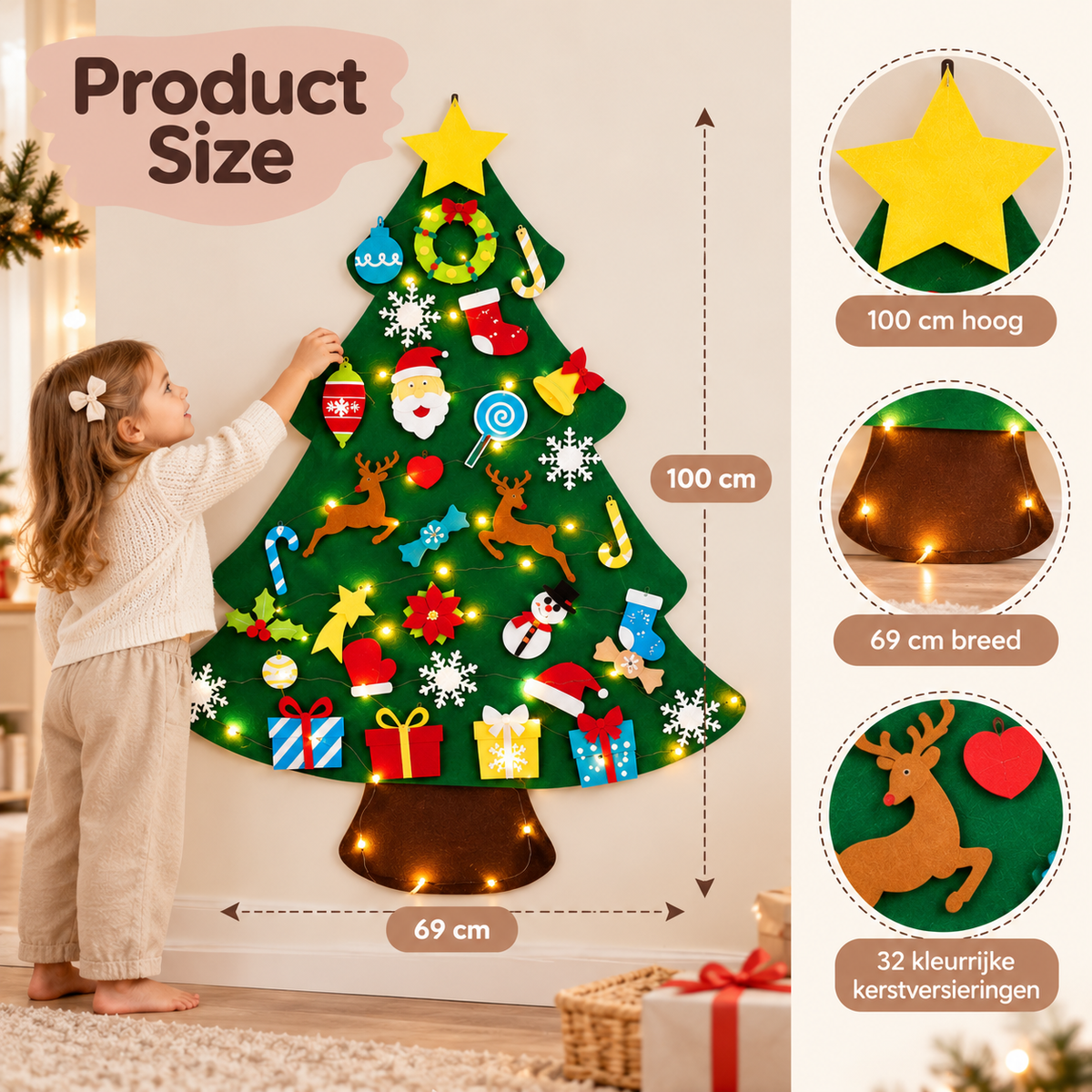 Afmetingen van de groene vilten kerstboom voor kinderen: 100 cm hoog en 69 cm breed, met kleurrijke vilten kerstversieringen