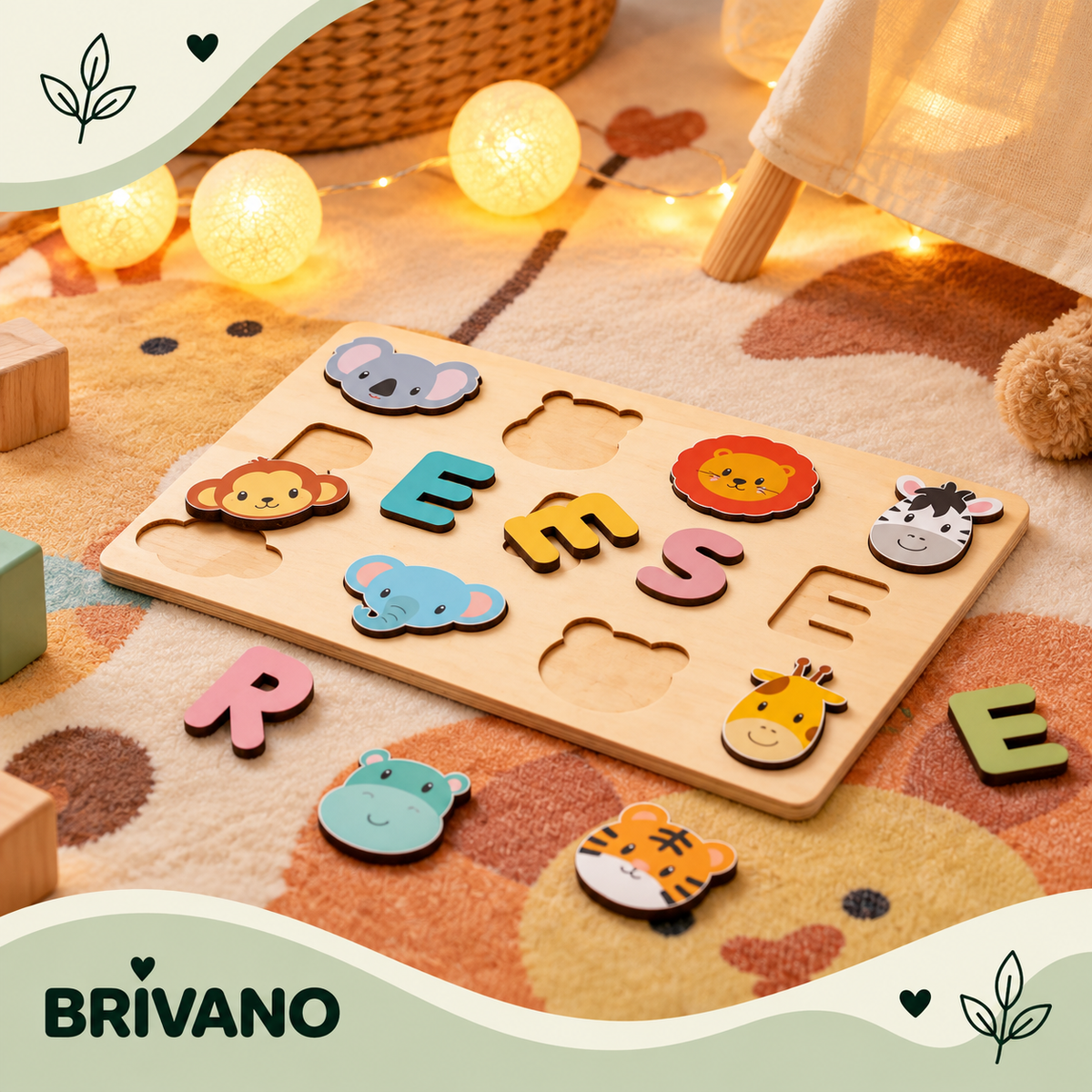 Gepersonaliseerde Houten Naampuzzel – Safari tot 9 Letters