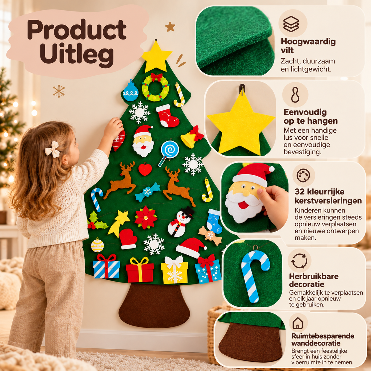 Details van de Montessori vilten kerstboom met zacht vilt, ophanglus en 32 verplaatsbare kerstversieringen