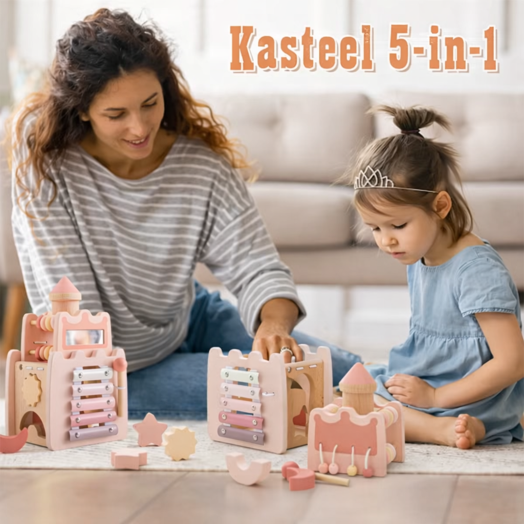 Houten Montessori Kasteel – Vormenstoof & stapelblokken