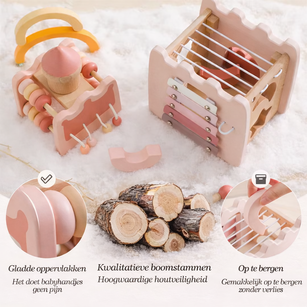 Houten Montessori Kasteel – Vormenstoof & stapelblokken