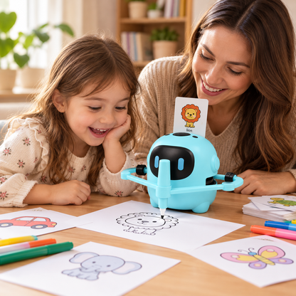Moeder en Dochter Gebruiken Samen een Automatische Tekenrobot voor een Creatieve en Leerzame Activiteit