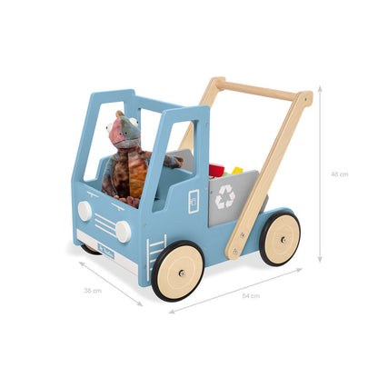 Blauwe loopwagen van hout wat lijkt op een truck met een kiepbak voor peuters