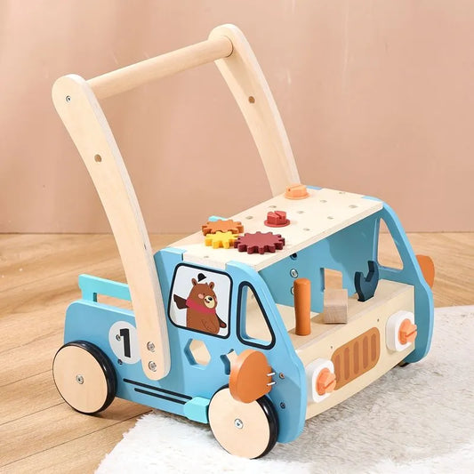 Montessori Gereedschapswagen 3-in-1 – Houten loopwagen & werkbank