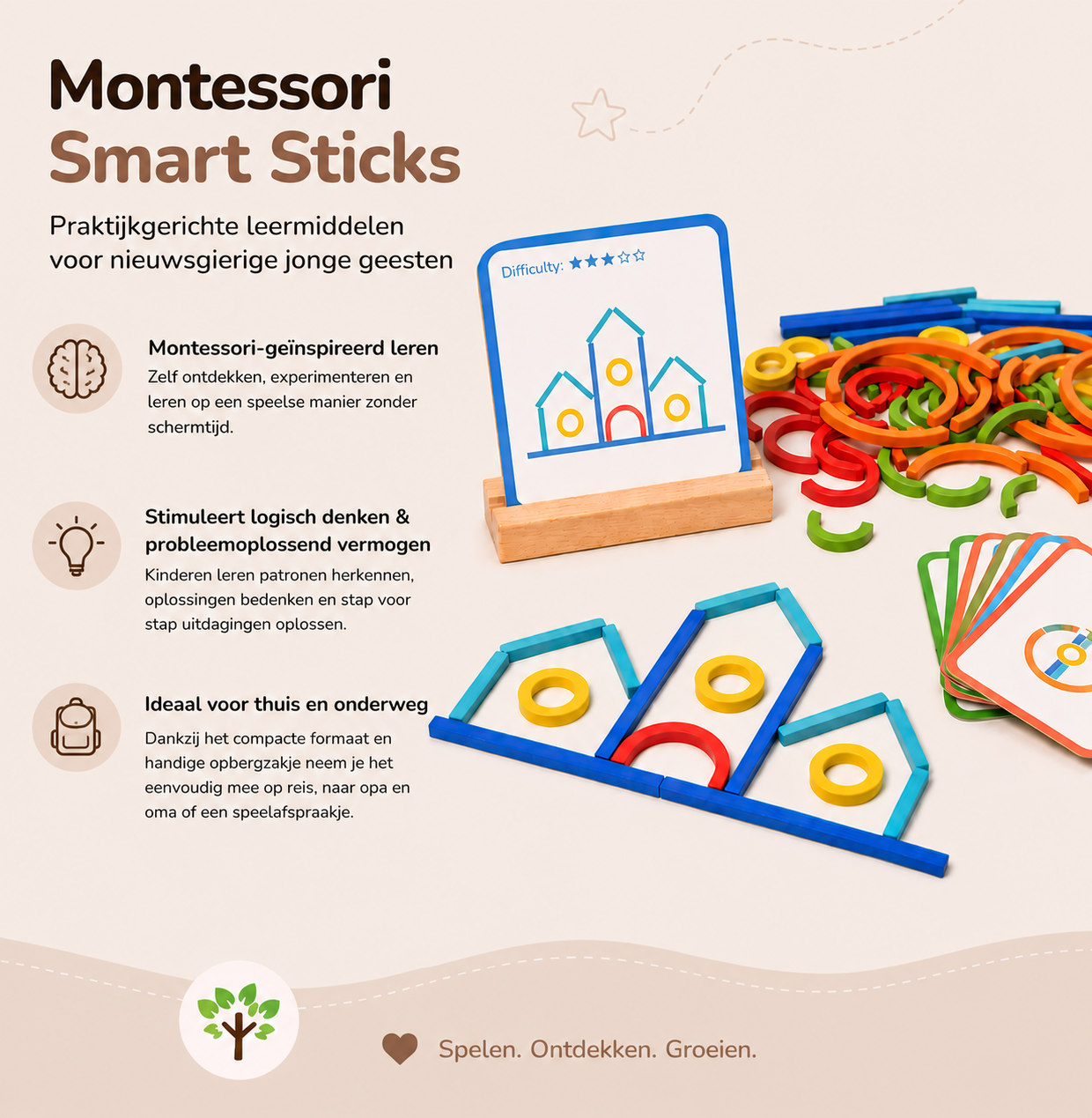 Montessori Smart Sticks – Creatief stokken & ringen puzzelspel