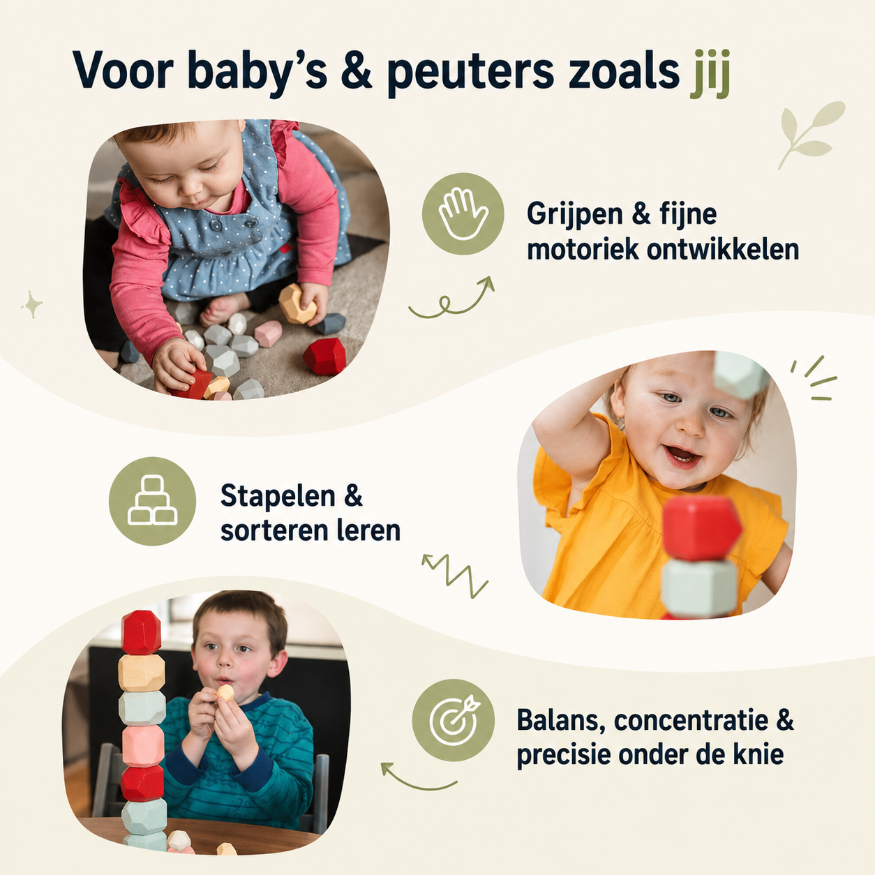 Montessori Houten Stenen – 21delig balans & stapelset
