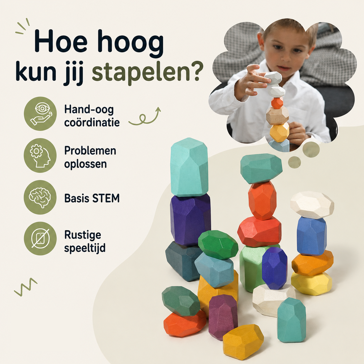 Montessori Houten Stenen – 21delig balans & stapelset