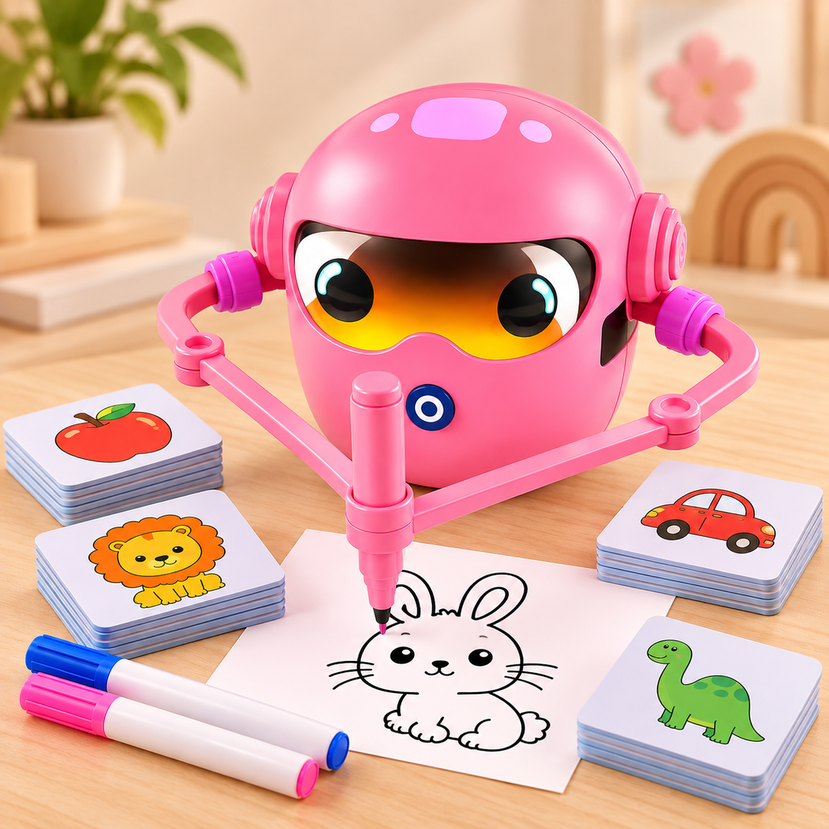 Roze speelgoedstofzuiger voor kinderen met schattig gezichtje, schoonmaakaccessoires en kleurrijke onderdelen voor fantasierijk rollenspel.