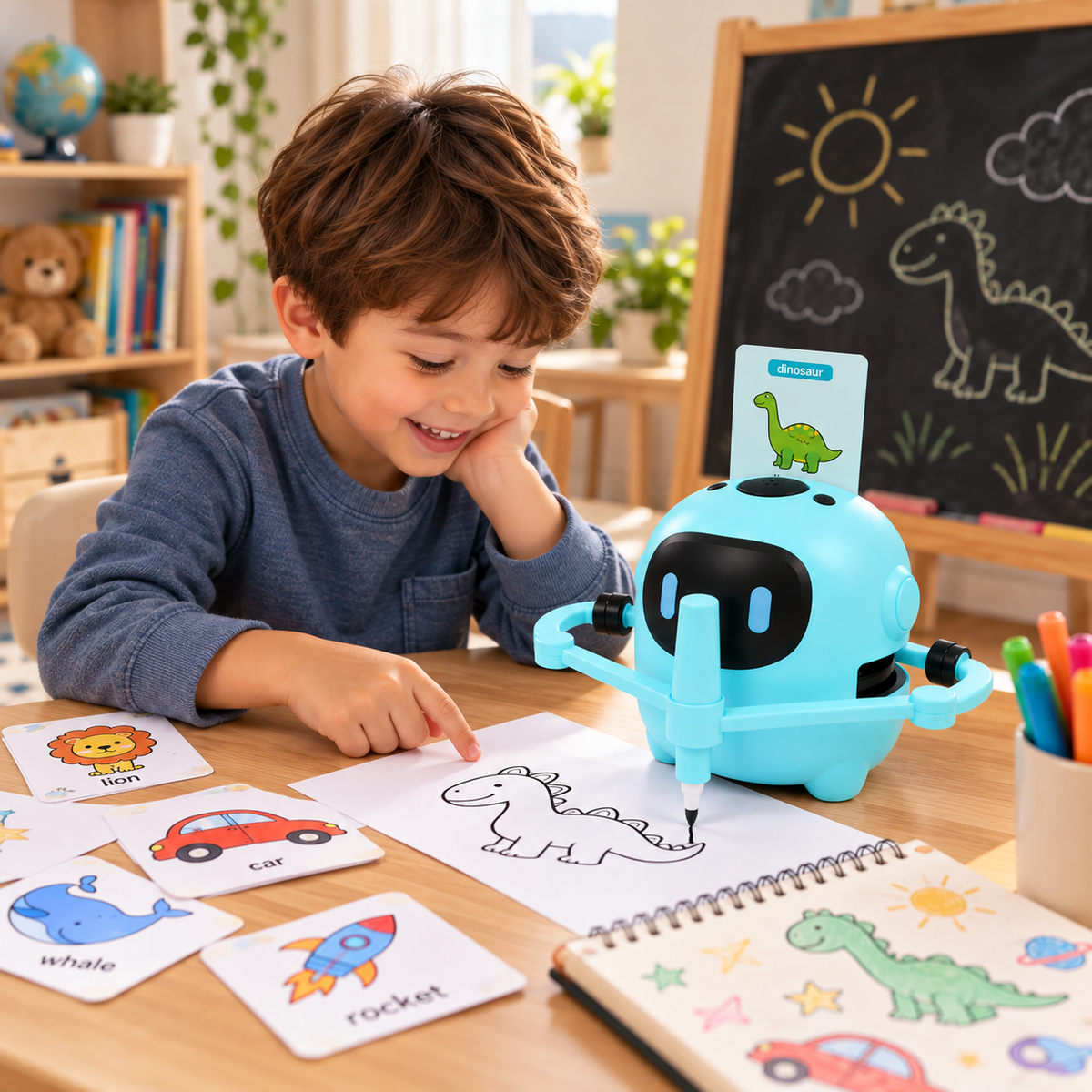 Jongen Gebruikt een Blauwe Automatische Tekenrobot om een Dinosaurus te Tekenen aan een Tafel in een Gezellige Kinderkamer