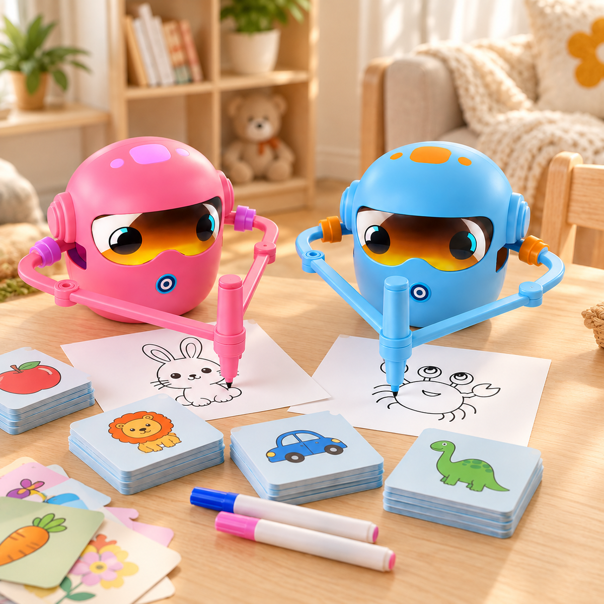 Interactieve tekenrobot voor kinderen in roze en blauw met tekenkaarten en stiften op een houten tafel