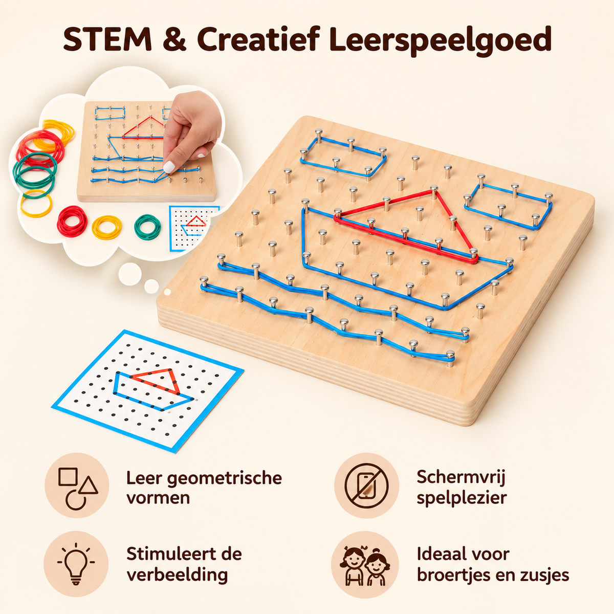 Montessori houten geobord als STEM-speelgoed voor geometrische vormen, creativiteit en schermvrij speelplezier.