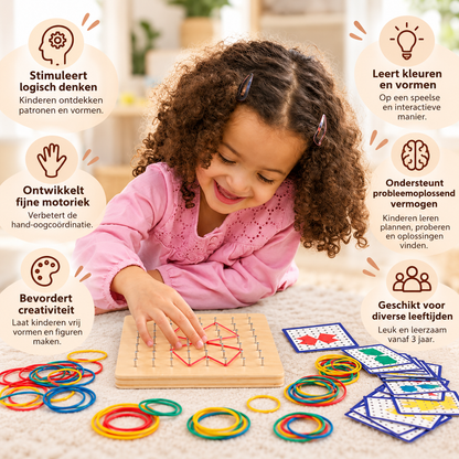 Kind maakt kleurrijke patronen met elastiekjes op een Montessori houten geobord.