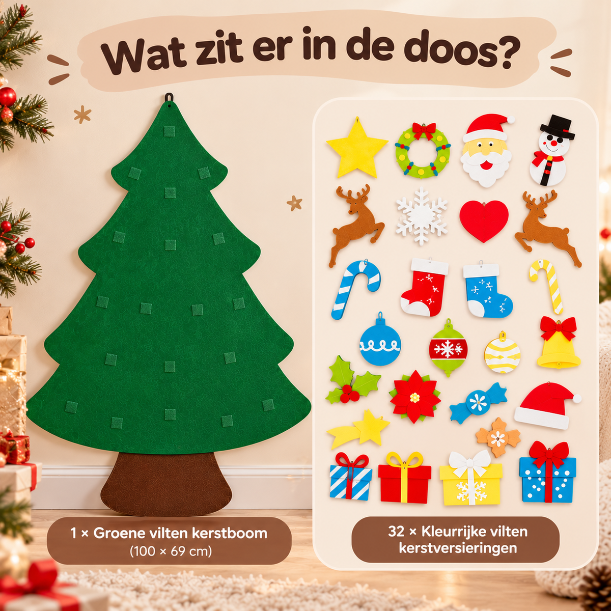 Inhoud van de vilten kerstboomset: 1 groene vilten kerstboom en 32 kleurrijke vilten kerstversieringen