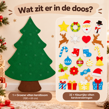 Inhoud van de vilten kerstboomset: 1 groene vilten kerstboom en 32 kleurrijke vilten kerstversieringen