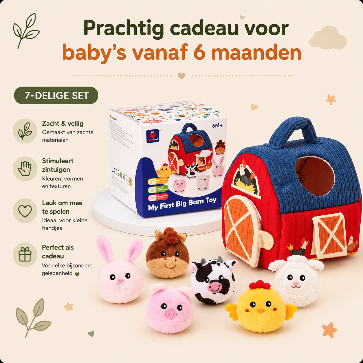 Zachte Boerderij Speelset - 6 knuffeldieren voor baby's