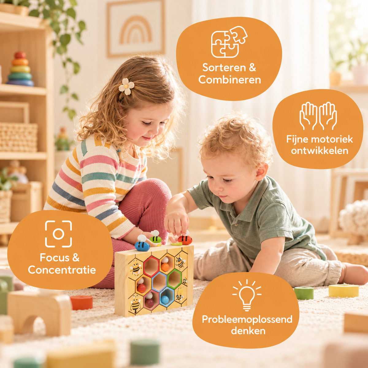 Montessori Bijenbox – Sorteer- & matchspel voor peuters
