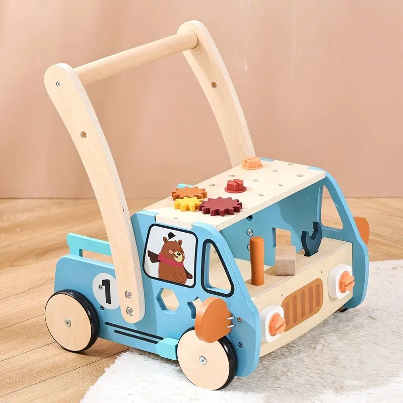 Montessori Gereedschapswagen 3-in-1 – Houten loopwagen & werkbank