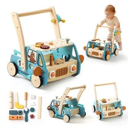 Montessori Gereedschapswagen 3-in-1 – Houten loopwagen & werkbank