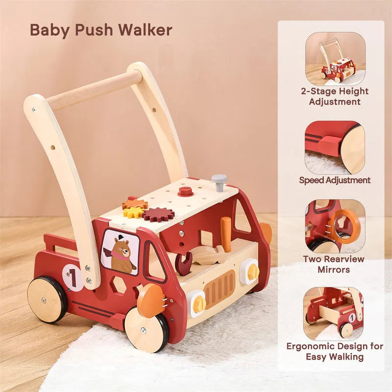 Montessori Gereedschapswagen 3-in-1 – Houten loopwagen & werkbank