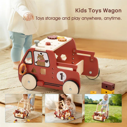 Montessori Gereedschapswagen 3-in-1 – Houten loopwagen & werkbank