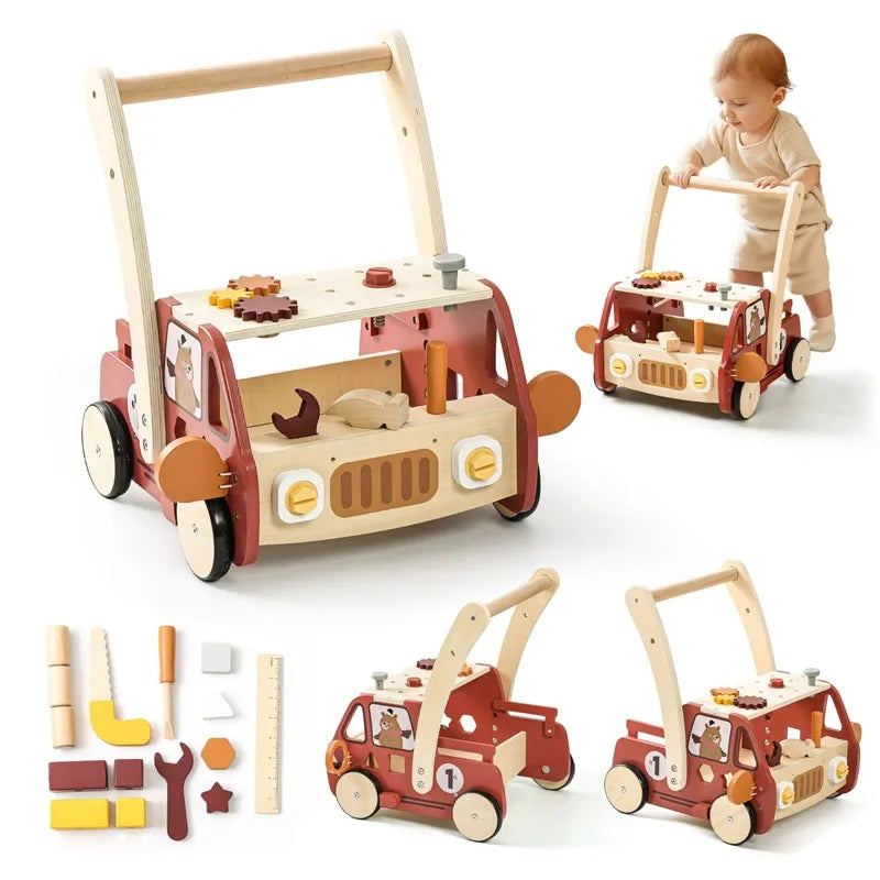 Montessori Gereedschapswagen 3-in-1 – Houten loopwagen & werkbank