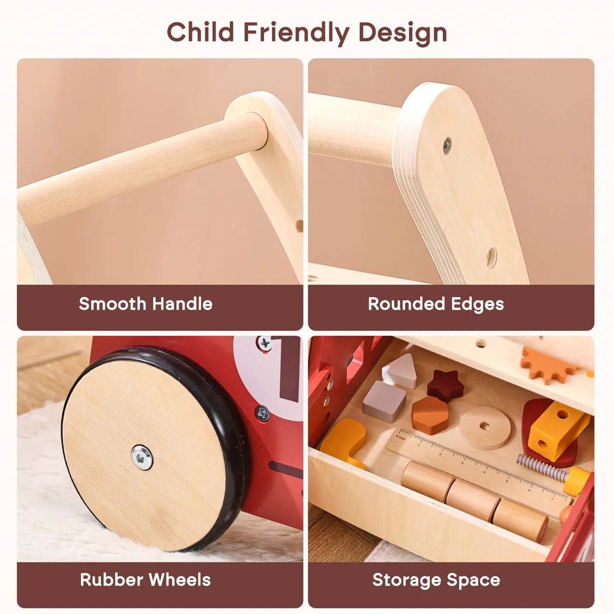 Montessori Gereedschapswagen 3-in-1 – Houten loopwagen & werkbank