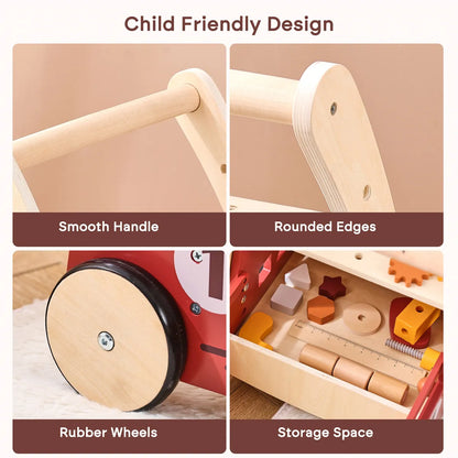Montessori Gereedschapswagen 3-in-1 – Houten loopwagen & werkbank