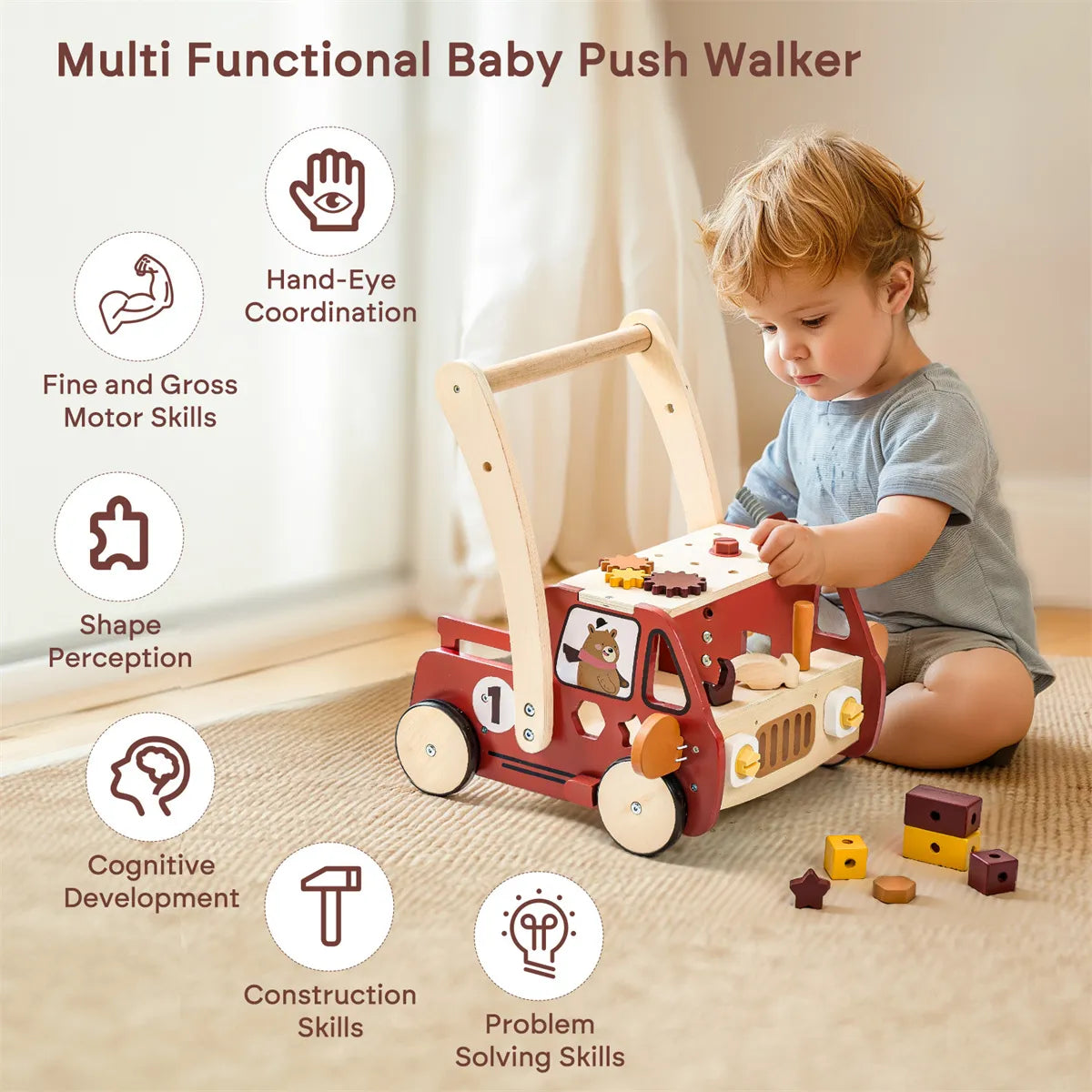 Montessori Gereedschapswagen 3-in-1 – Houten loopwagen & werkbank