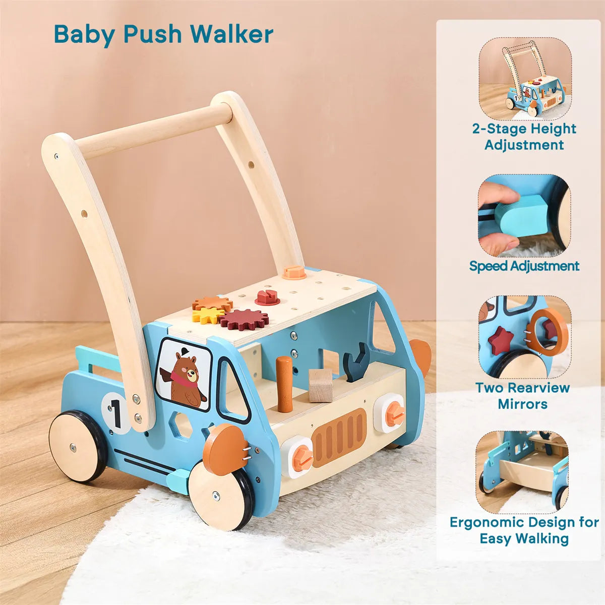 Montessori Gereedschapswagen 3-in-1 – Houten loopwagen & werkbank