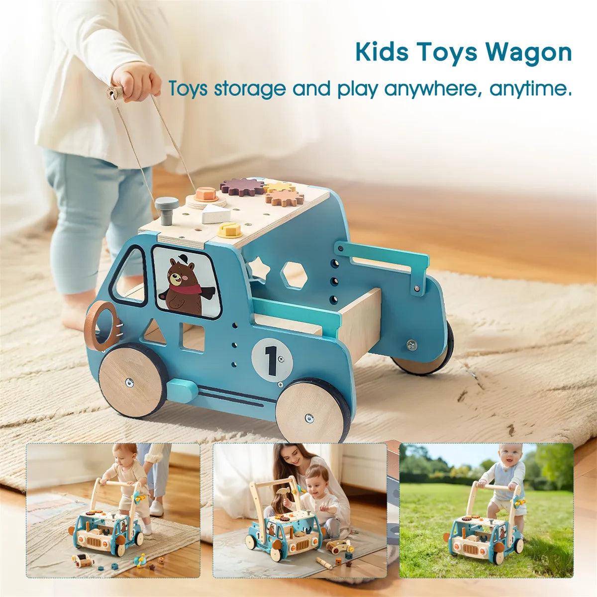 Montessori Gereedschapswagen 3-in-1 – Houten loopwagen & werkbank