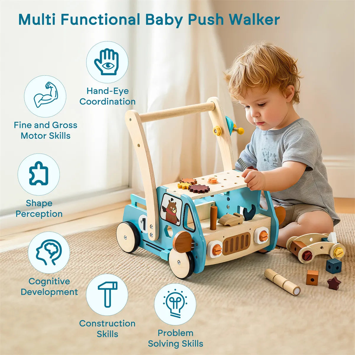 Montessori Gereedschapswagen 3-in-1 – Houten loopwagen & werkbank
